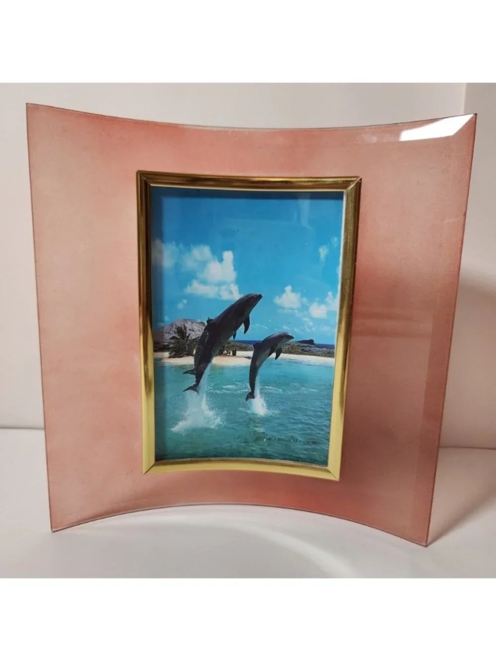 Vintage Curved Glass Picture Frame 4x6 Frosted Peach Pink Gold Trim Modern Art